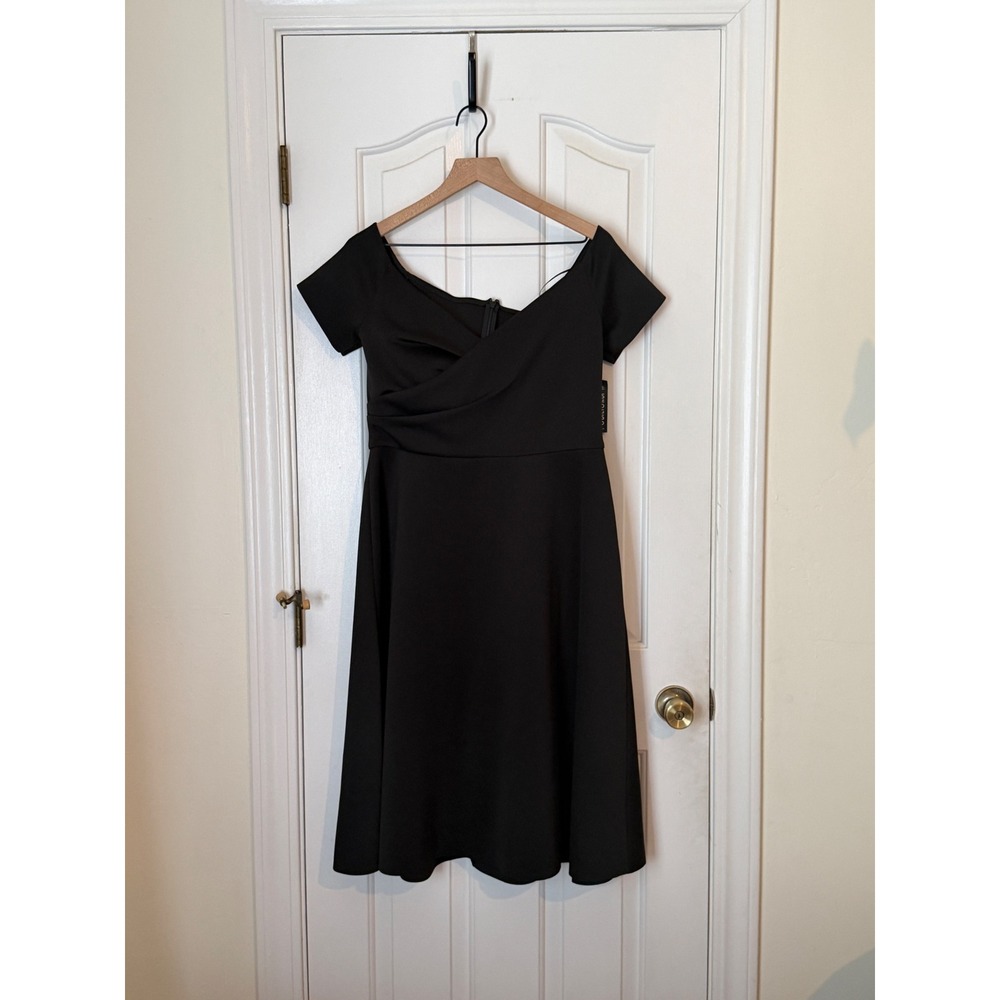 NWT Saloni | Drop-Shoulder Midi Dress US12 Black Crossover Bodice A-Line - Picture 3 of 11